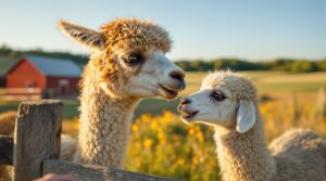 A person feeds two alpacas by hand at a small Midwestern farm, with a grassy field, wildflowers, a red barn, and trees in the background under a clear blue sky.