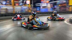Three electric go-karts racing on an indoor track, drivers in helmets navigating a turn, with colorful lights and safety barriers in a generic, modern setting.