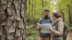 Two hikers examine a trail map next to an ash tree with emerald ash borer exit holes, surrounded by a lush, green forest in Wisconsin Dells.