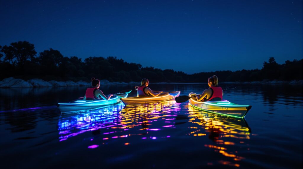 Three friends in LED-lit clear kayaks paddle on a calm river at night, their boats casting colorful reflections on the water with dim moonlight, distant trees, and rocks in the background.