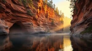 Sandstone gorge with a small cave entrance beside a calm river at sunrise, pine trees on cliffs, and gentle morning mist reflecting Ojibwe mythology themes.