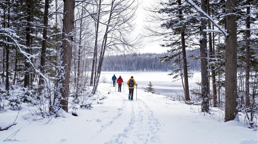 Group of adults snowshoeing on a snowy forest trail beside a partially frozen lake in winter, surrounded by leafless trees and evergreens.