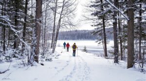 Group of adults snowshoeing on a snowy forest trail beside a partially frozen lake in winter, surrounded by leafless trees and evergreens.