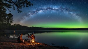 Two people stargazing beside a telescope on a wooded lakeshore at night, with the Milky Way reflected in calm water under a star-filled sky.