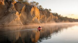 A lone kayaker paddles on a calm river at sunrise, with mist rising above the water and a sandstone bluff featuring faint petroglyph-like markings in the background.