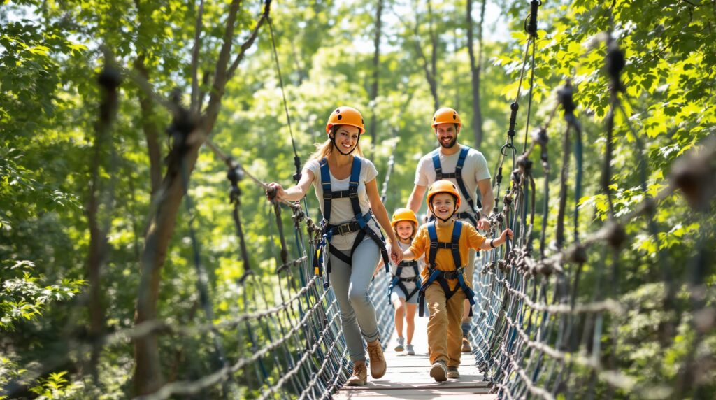 A family of four wearing safety harnesses and helmets crosses a wooden rope bridge on a treetop adventure course, surrounded by a lush green forest in bright summer sunlight.