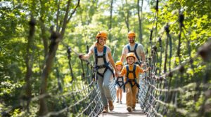 A family of four wearing safety harnesses and helmets crosses a wooden rope bridge on a treetop adventure course, surrounded by a lush green forest in bright summer sunlight.