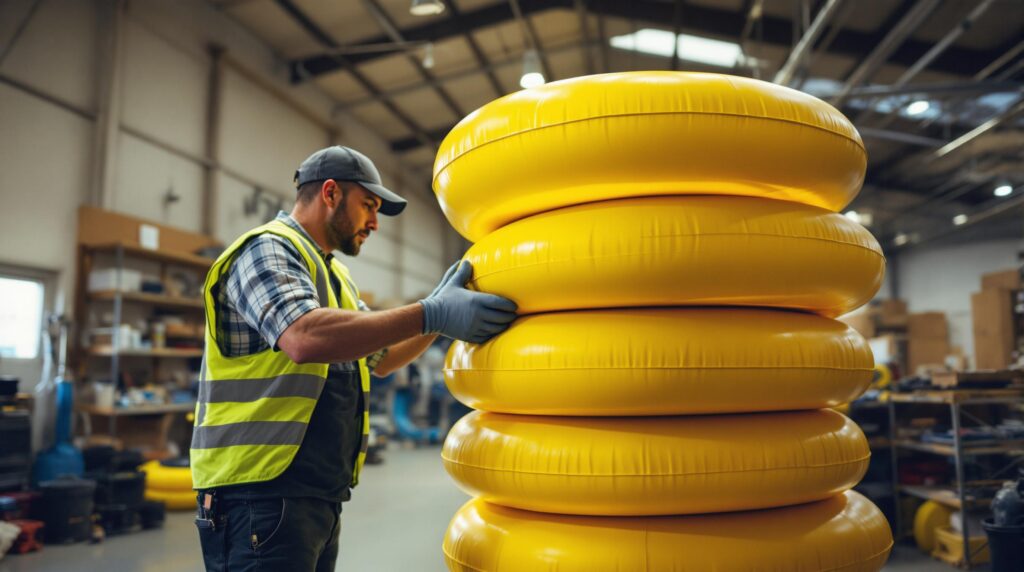 Maintenance worker in safety vest inspecting yellow river tubes in a workshop with tools and shelves in the background