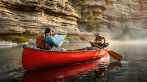 Two people in a red canoe study a map while paddling on a calm river with sandstone cliffs and forested banks in soft afternoon light.