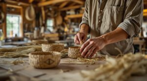Close-up of Ho-Chunk artisan weaving a traditional basket with natural reeds on a wooden table in a rustic workshop setting.