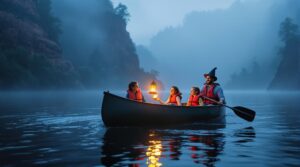Family with children and guide in costumes paddling a canoe at twilight through misty river gorge, lanterns glowing, safe and spooky atmosphere.