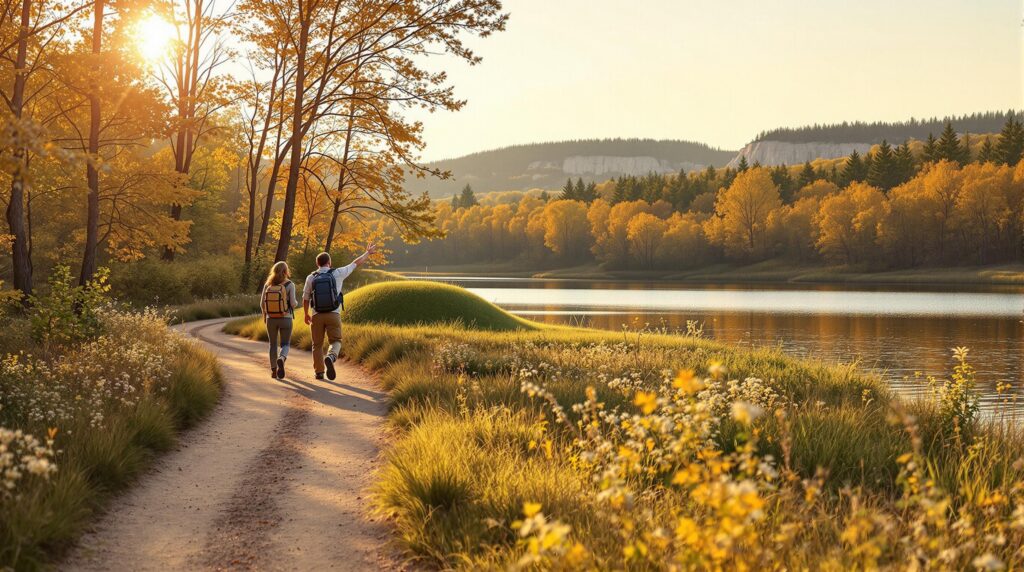 Two hikers walk along a dirt trail beside a grassy mound near a calm river, surrounded by wildflowers and early autumn trees under soft golden sunlight.