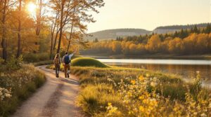 Two hikers walk along a dirt trail beside a grassy mound near a calm river, surrounded by wildflowers and early autumn trees under soft golden sunlight.