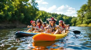 Group of people in pirate costumes paddleboarding on a calm river with a forested, unidentifiable shoreline in the background on a sunny day