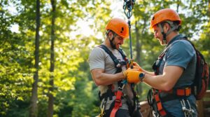 Zipline guide adjusting participant’s safety harness on a launch platform with both wearing helmets and gloves, forest background softly blurred, bright summer lighting.