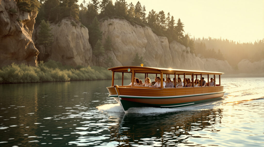 A 1970s-style river tour boat with passengers in retro clothing glides along a calm waterway, framed by sandstone bluffs and pine trees, under warm golden sunlight.