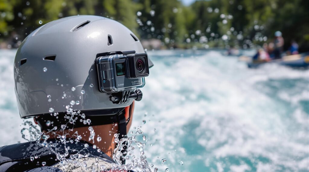 Close-up of a GoPro-style action camera mounted on a rafter’s helmet with whitewater rapids and blurred forest in the background, evoking adventure on Wisconsin Dells rivers.