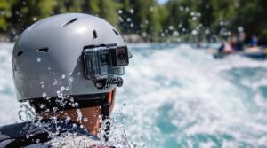 Close-up of a GoPro-style action camera mounted on a rafter’s helmet with whitewater rapids and blurred forest in the background, evoking adventure on Wisconsin Dells rivers.