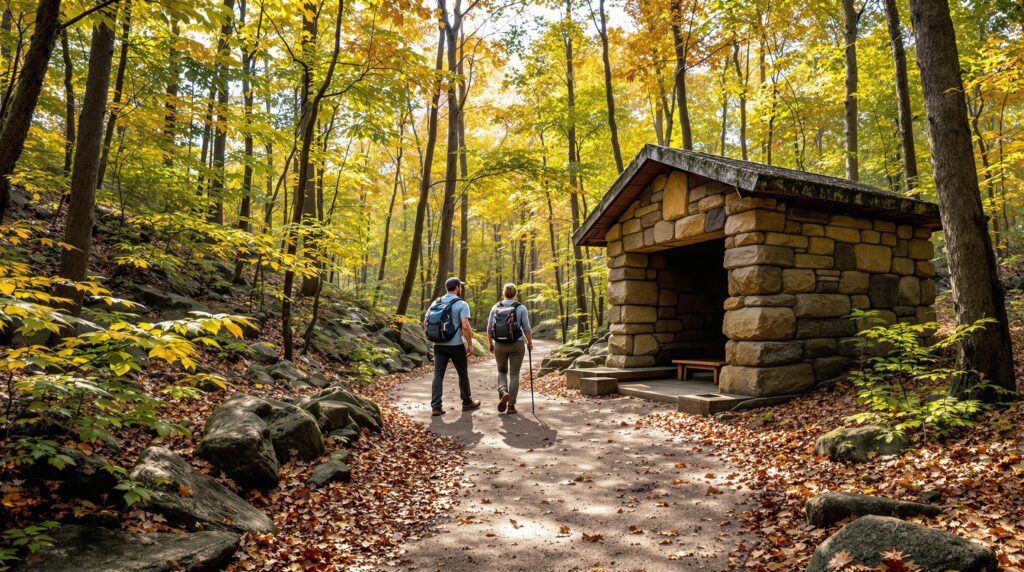 Two hikers stand near a rustic 1930s stone shelter on a forest trail, surrounded by early autumn foliage and soft sunlight in a generic Midwestern woodland setting.