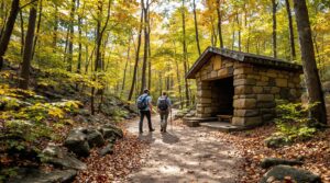 Two hikers stand near a rustic 1930s stone shelter on a forest trail, surrounded by early autumn foliage and soft sunlight in a generic Midwestern woodland setting.