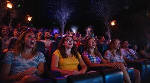A diverse group of people react with surprise and laughter while seated in motion-enabled theater chairs, experiencing mist and wind effects during a 4D show in a generic indoor setting.