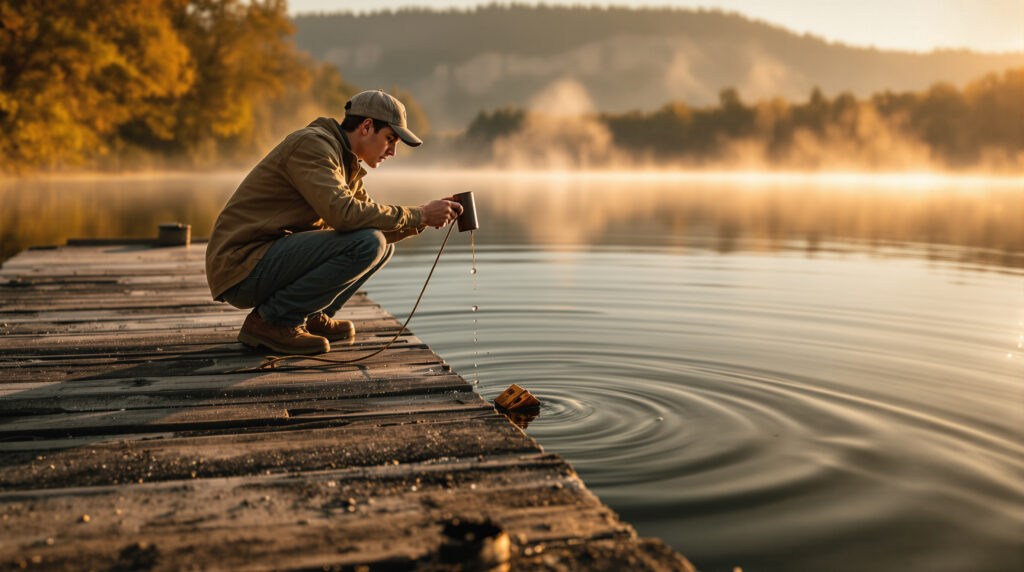 Person magnet fishing from a wooden pier over a misty river, pulling up a rusty metal relic at sunrise with blurred trees and sandstone bluffs in the background.