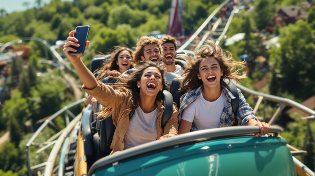 Four young adults riding a roller coaster, one holding a smartphone, with windblown hair and excited expressions under bright sunlight, motion-blurred amusement park background.