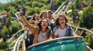 Four young adults riding a roller coaster, one holding a smartphone, with windblown hair and excited expressions under bright sunlight, motion-blurred amusement park background.