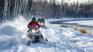Group of snowmobilers riding in single file along a snowy rural road beside a partially frozen river, surrounded by winter forest and soft midday sunlight.