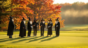 Golfers in witch and wizard costumes putting on a green, autumn trees and light mist in the background, festive charity outing atmosphere.