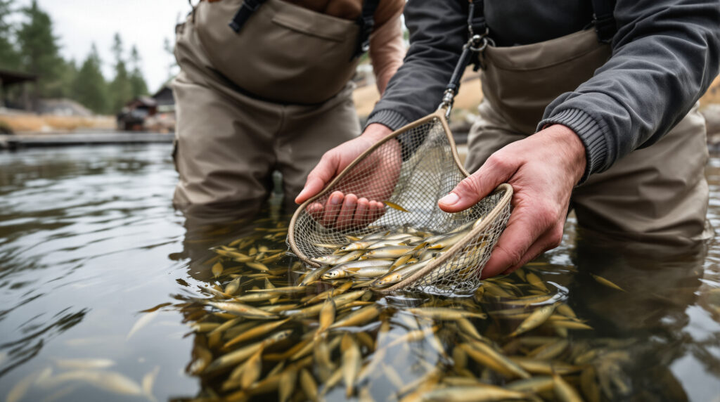 Two conservationists in waders gently holding a net of young brook trout over a clear outdoor hatchery pool, surrounded by pine trees and sandstone rocks.