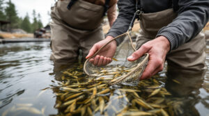 Two conservationists in waders gently holding a net of young brook trout over a clear outdoor hatchery pool, surrounded by pine trees and sandstone rocks.