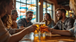 Group of adults clinking pint glasses in a cozy craft beer pub with rustic décor and blurred waterpark slides visible outside the window.