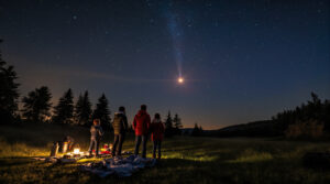 Group of people stargazing at night in a grassy clearing with trees in the background, observing a mysterious glowing light in the sky, lanterns and blankets visible in the foreground.