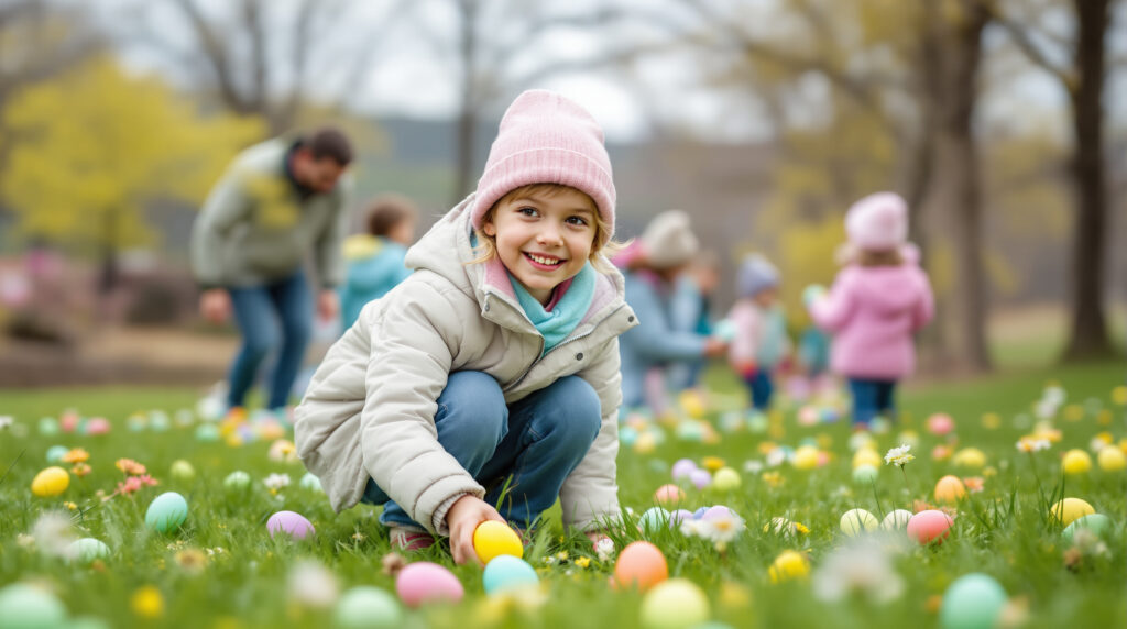 Children and families searching for colorful Easter eggs in a grassy park, with spring wildflowers and trees in the background, during a festive outdoor egg hunt.