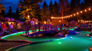 Family playing mini-golf at night on a glowing neon course with pirate-themed obstacles, surrounded by lanterns, pine trees, and string lights in a Wisconsin Dells-inspired setting