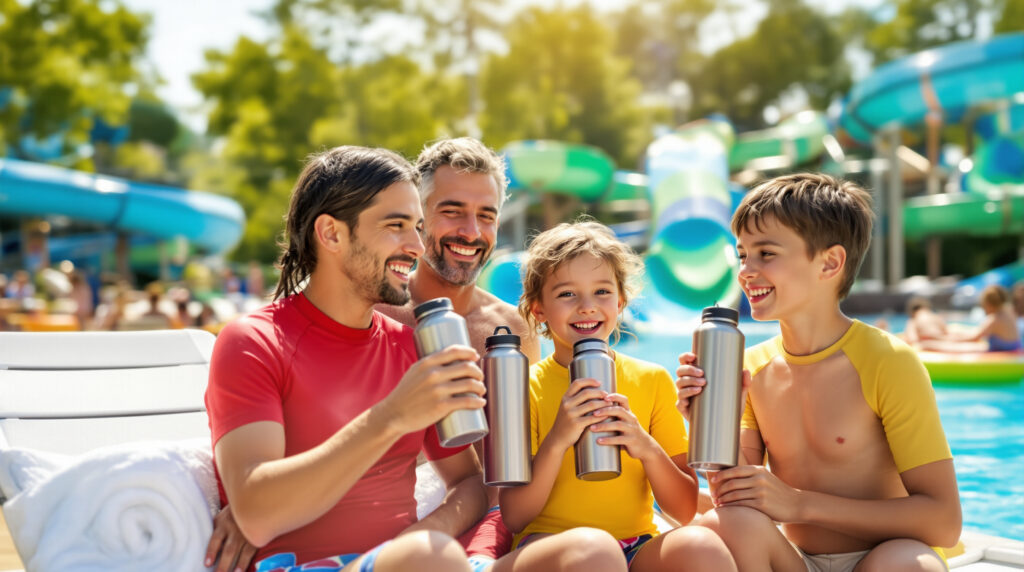 Family of four in swimsuits drinking water from bottles at a sunny outdoor waterpark, with colorful slides and trees in the background.