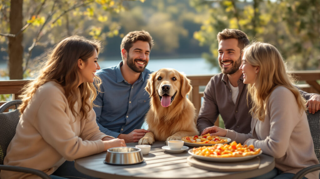 Family with golden retriever dining on a sunny outdoor patio in spring, surrounded by budding trees and river bluffs, enjoying casual food in Wisconsin Dells