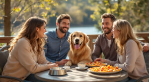Family with golden retriever dining on a sunny outdoor patio in spring, surrounded by budding trees and river bluffs, enjoying casual food in Wisconsin Dells
