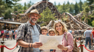 Midwestern family of four holding a park map while standing near a wooden roller coaster entrance at a generic amusement park on a sunny day with short lines and green trees in the background