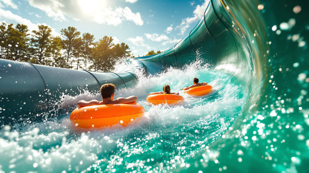Three people in orange inner tubes rush down a large, twisting water slide with splashing rapids at an outdoor water park on a sunny day.
