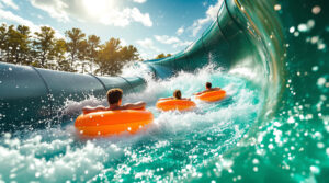 Three people in orange inner tubes rush down a large, twisting water slide with splashing rapids at an outdoor water park on a sunny day.