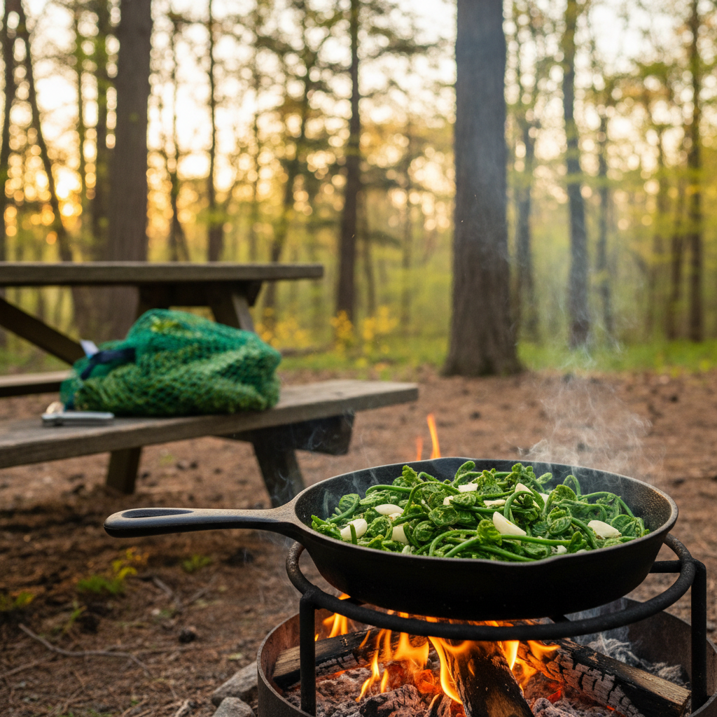 Cast-iron skillet with fresh fiddlehead ferns and garlic cooking over a campfire at a wooded campsite, with a mesh produce bag and pocket knife on a picnic table in the background, surrounded by spring trees in soft morning light.