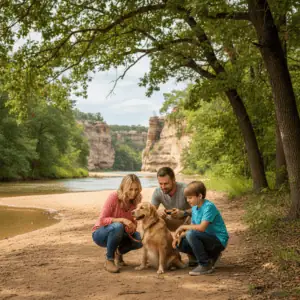 Family with two kids and a dog geocaching on a sandy riverside trail with sandstone cliffs and trees in the background