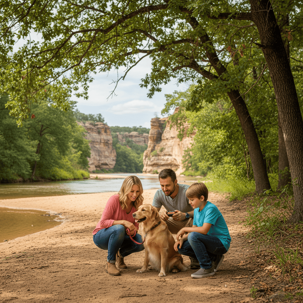 Family with two kids and a dog geocaching on a sandy riverside trail with sandstone cliffs and trees in the background
