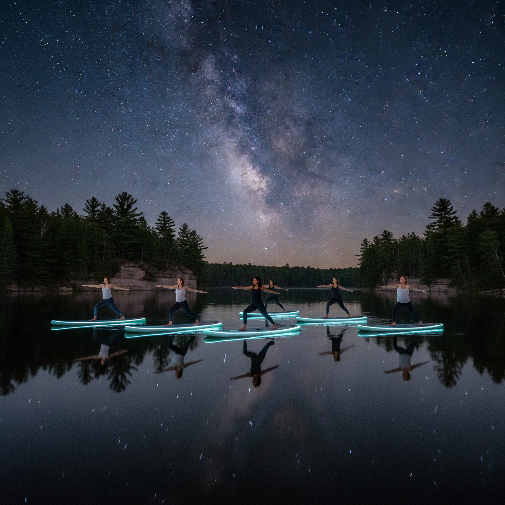 Five adults practice yoga poses on LED-lit paddleboards at night on a calm lake, with sandstone bluffs, pine trees, and a star-filled sky with the Milky Way reflected in the water.
