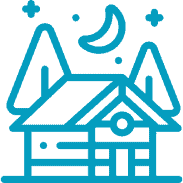 Blue line drawing of a cabin with two trees beside it, a crescent moon, and stars in the sky above.