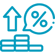 Blue icon showing an upward arrow, a speech bubble with a percent symbol, and stacked coins, representing rising interest rates or increased financial returns.