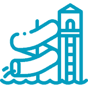 Blue line drawing of a water slide spiraling around a tall structure, ending in a pool of water.