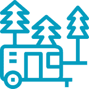 Blue outline icon of a camper trailer with three pine trees in the background, representing camping or outdoor recreation.